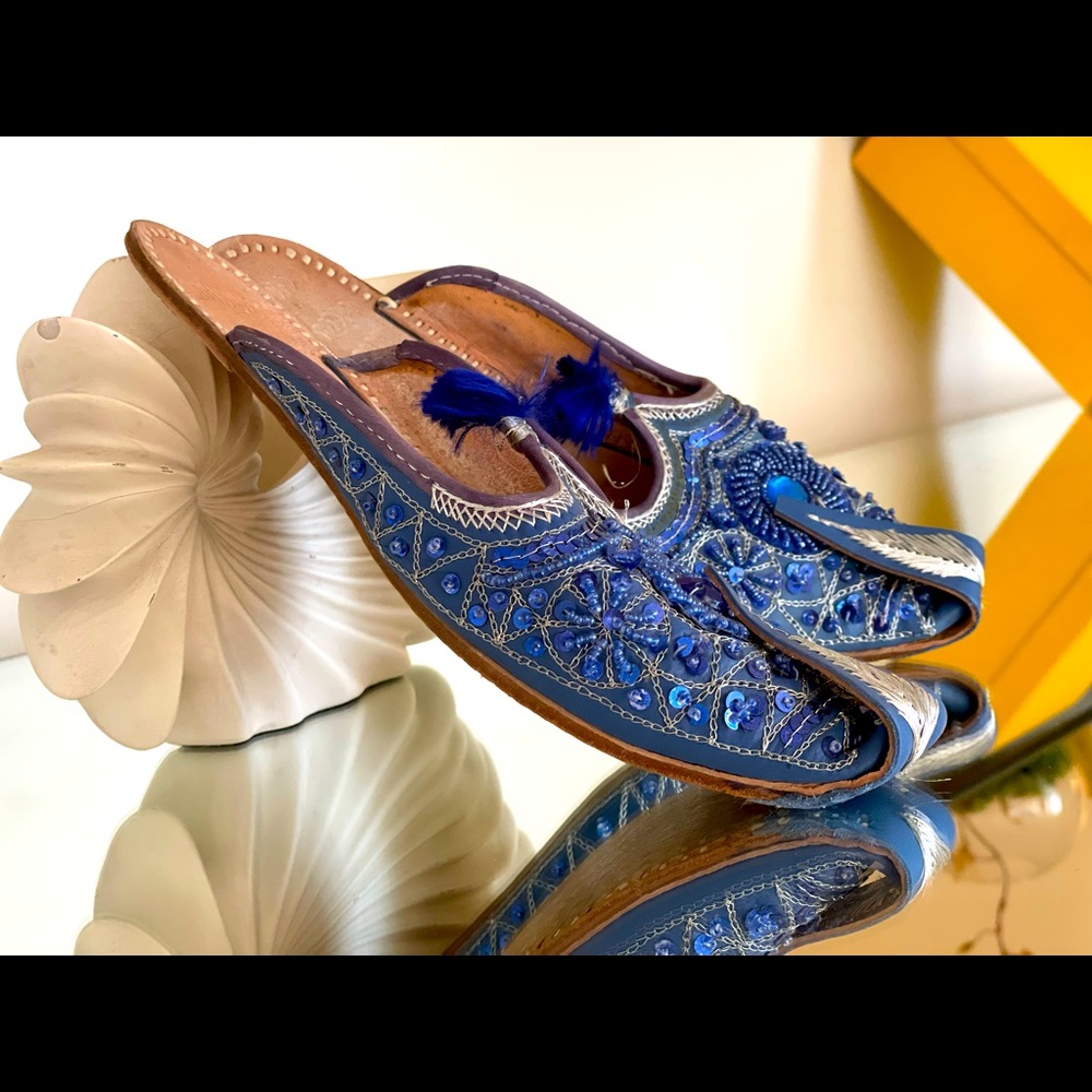 Embroidered blue Mule handmade in Marrakech